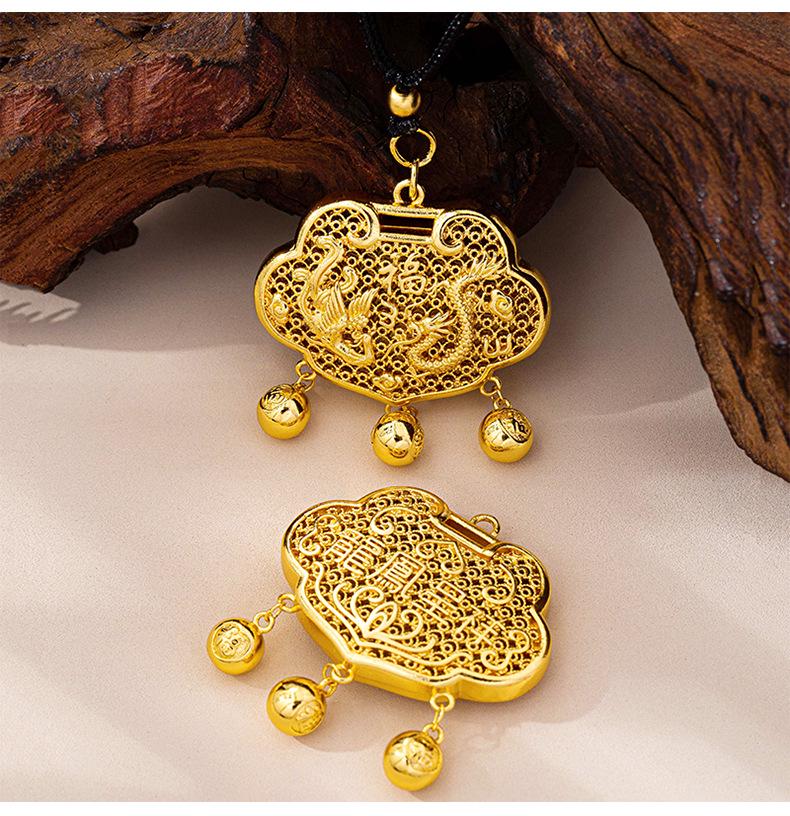 Vietnamese Sand Gold Ruyi Lock Necklace with Dragon & Phoenix Design