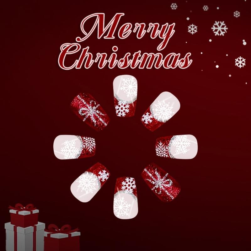 Festive French Styles False Nail With Sparkling Snowflakes 24Pc ABS Fake Nail Easy Application for Festive Party