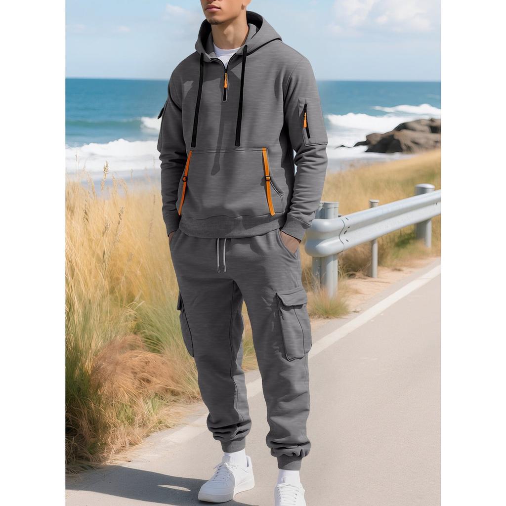 New, Autumn/Winter, Men's, Velvet Hoodie, Fashion, Hoodie, Zipper, Multi Pocket, Work Pants Set