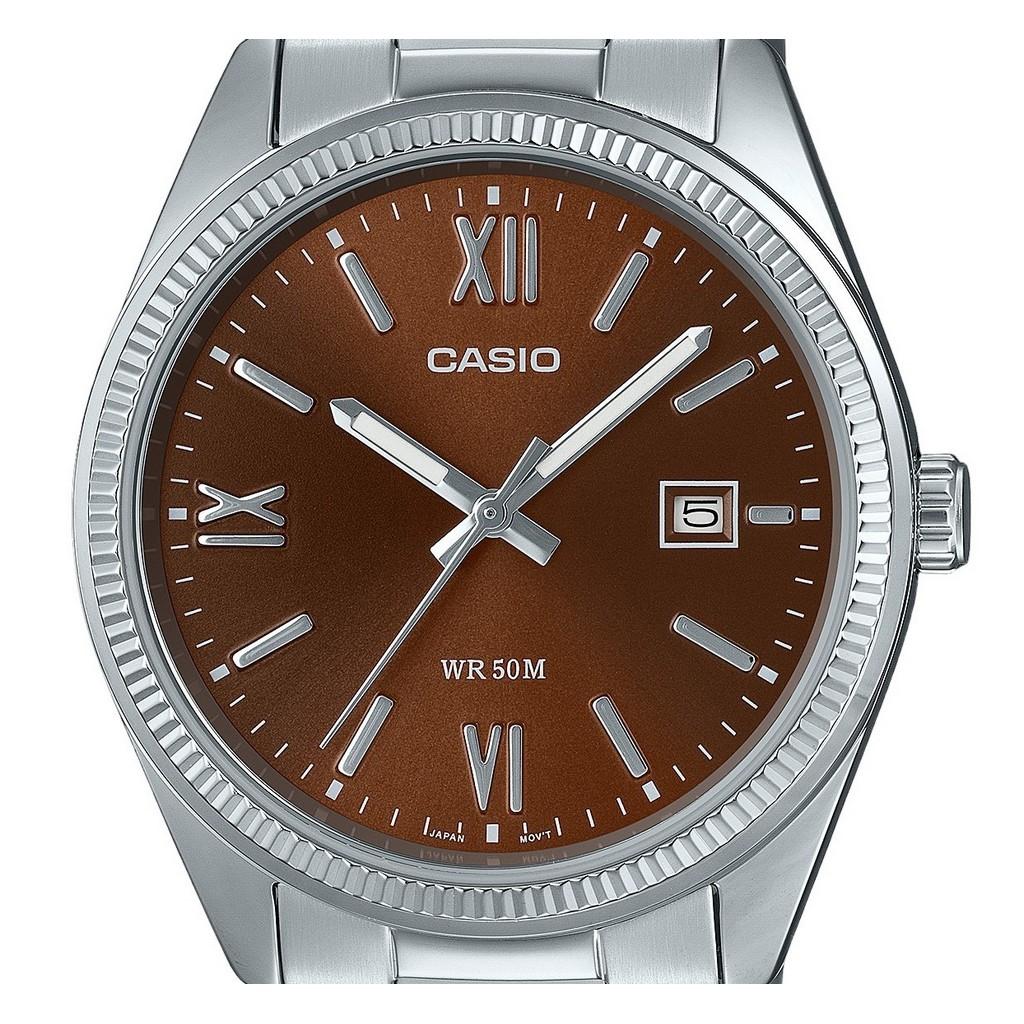 Casio Ceas de bărbați cu cadran maro din oțel inoxidabil placat cu ioni standard, cu quartz MTP-1302DD-5AV