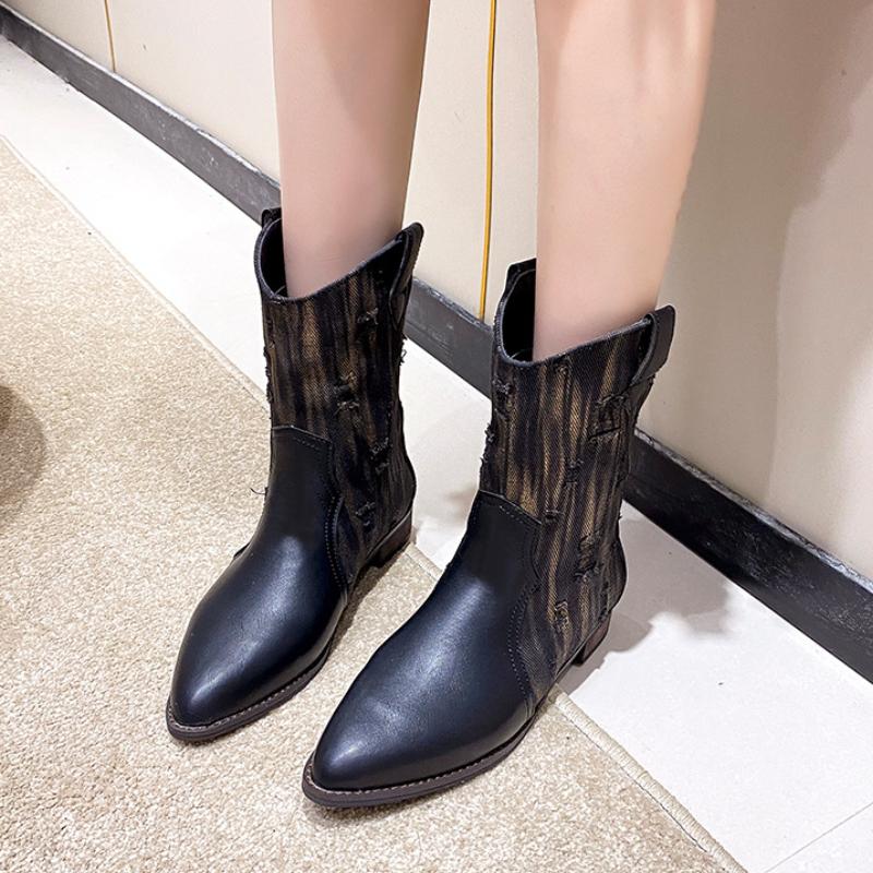 Retro Western Cowboy Stiefel für Damen 2024 Neue Herbst/Winter Splicing Kurze Stiefel Internetberühmte Street Trendy Damenschuhe