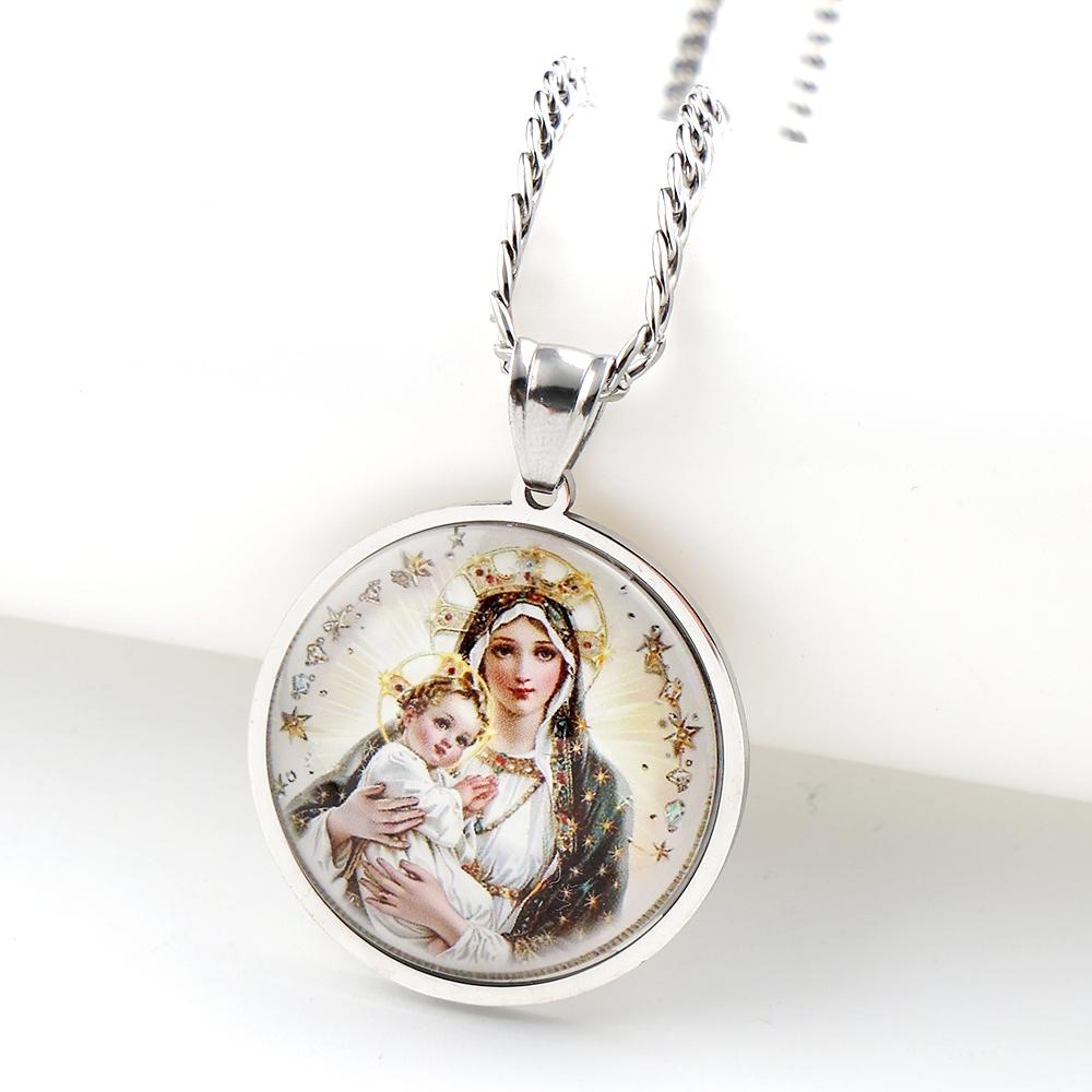 Jungfrau Maria mit dem Jesuskind Glasanhänger Halskette für Damen Herren Edelstahl Goldfarbe Katholische Mutter Maria Kette Schmuck