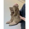 Cowhide Edition~ Maillard Suede Western Cowboy Boots Women's Folded Round Head Pile Boots Skinny Thick Heel Knight Boots