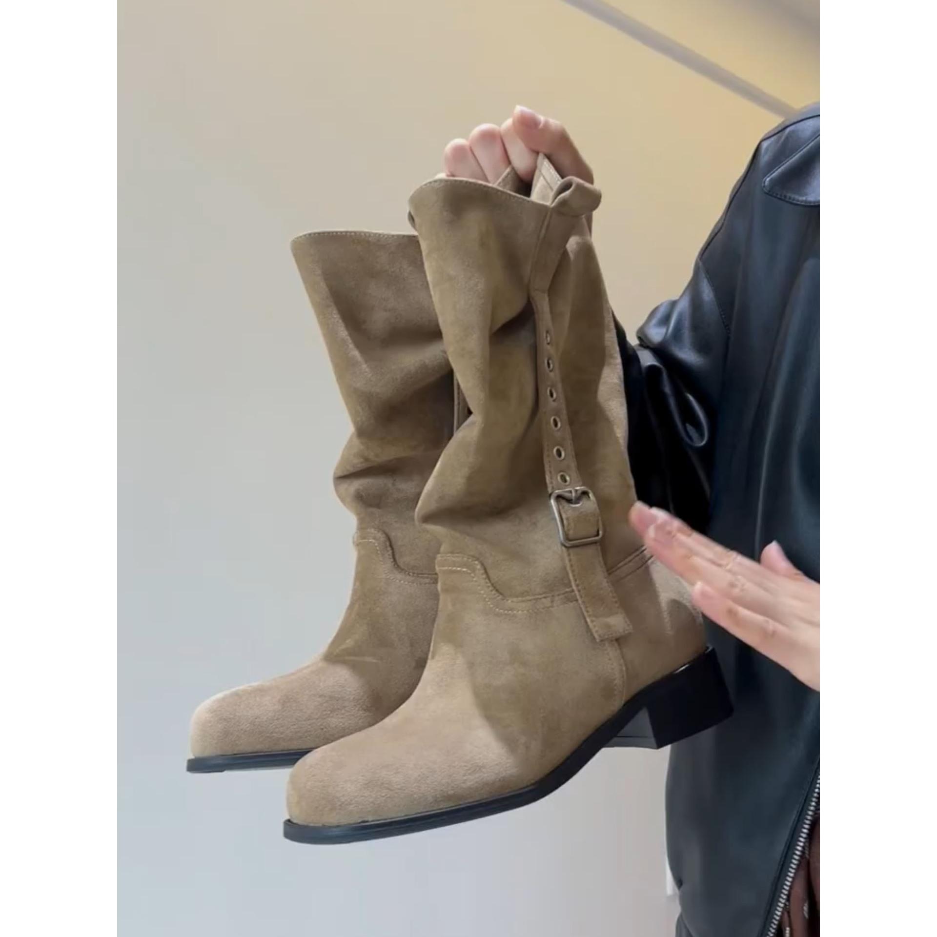 

Издание из коровьей кожи~ Замшевые ковбойские сапоги Maillard для женщин, сапоги-трубы с круглым носком, сапоги-рыцари на толстом каблуке 40 хаки