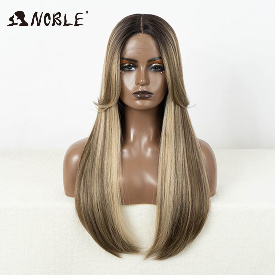 Noble Cosplay Synthetic Lace Front Wigs For Women Ombre Brown With Bangs 24 Inch Straight Lace Wig Highlight Glueless Lace Wig