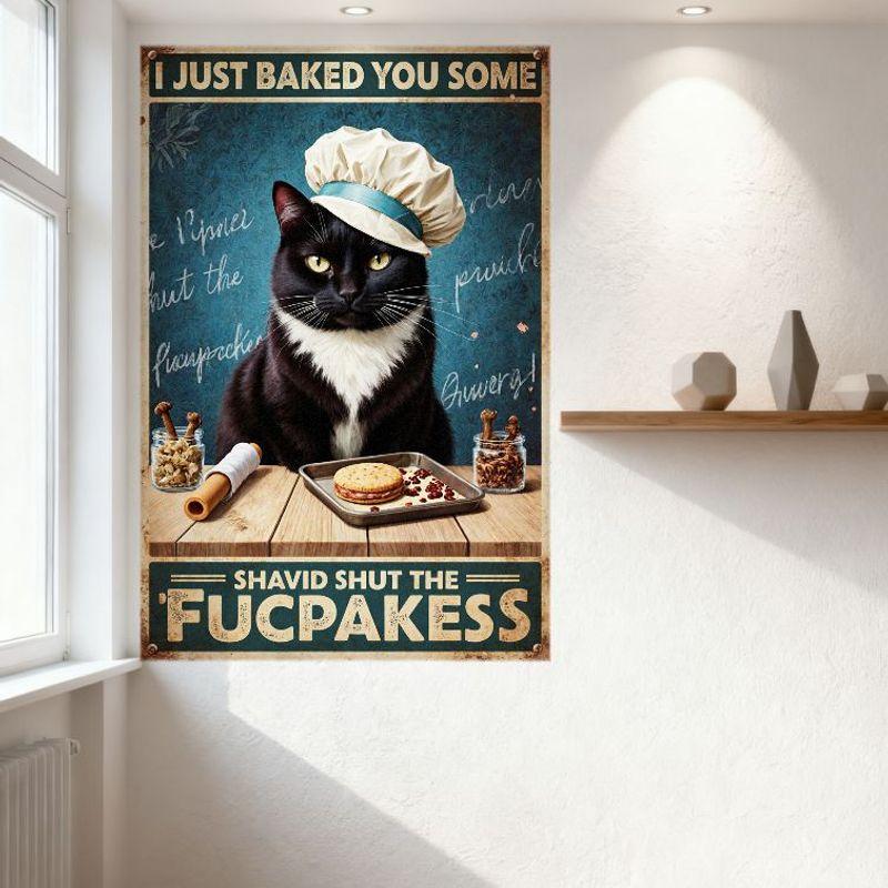 Cartello in Latta Vintage Retrò Gatto da Cucina Chef, Gatto Bianco e Nero che Impasta con Mattarello e Barattoli, Testo 'Ti Ho Appena Preparato Qualcosa' Invecchiato
