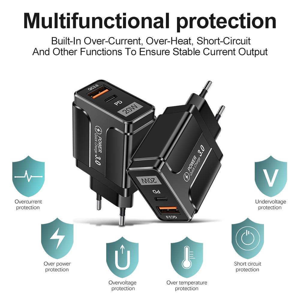 QC3.0+PD 20W Fast Charger: EU/US/UK Plug, High Power Quick Charge