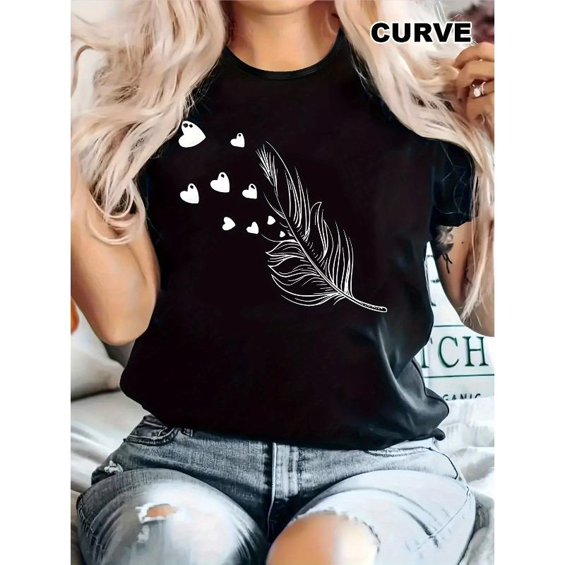 

Women S Plus Size Casual T-Shirt with Heart & Graphic - Round Neck,Slight Stretch Knit, Regular Fit, Comfortable All-Season Top for Casual Attire, S чёрный