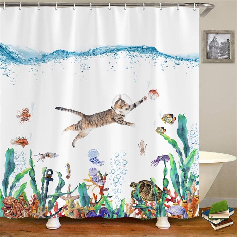 Pirate Cat Riding Shark Shower Curtain Funny Space Galaxy Rainbow Waterproof Fabric Bath Curtain With Hooks For Bathtub Decor