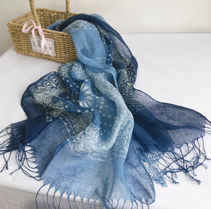 Gradient Blue Color Linen Soft Scarves Women Tie Dyed Ethnic Design Scarf Summer Travel Sunscreen Long Shawl 60x185cm