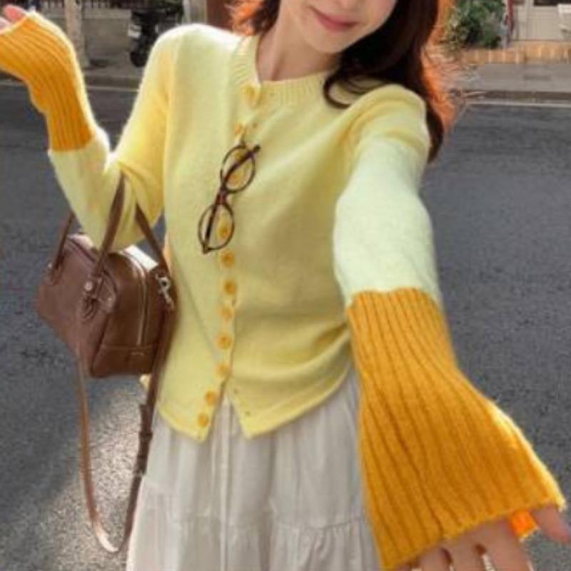Schickes Kontrastfarben-Design Strickcardigan-Pullover Damen Herbst und Winter Neu Süß Figurbetont und Dünn Langärmlig Nischen-Oberteil