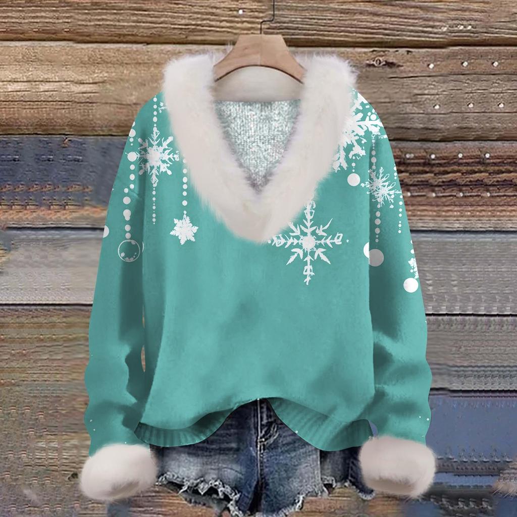 Women's Sweatshirt Long Sleeve Christmas Print Plush Collar V-Neck Pullover Top