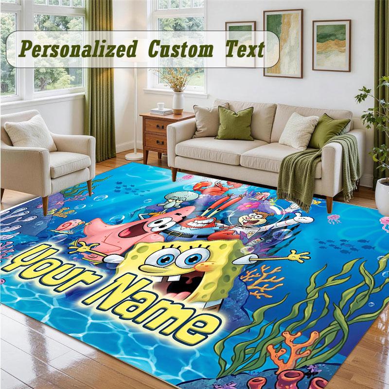 Crystal Velvet Square Rug Custom NameSpongeBob Pattern Non Slip Home Floor Decor Rug
