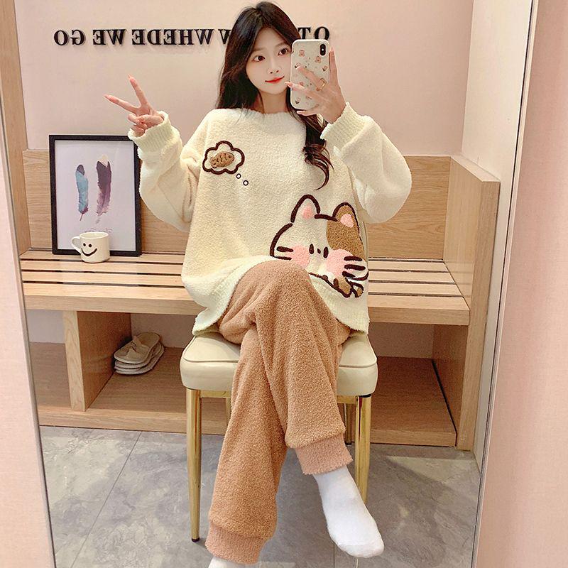 Women's Winter Coral Fleece Pajamas, Long-Sleeved Flannel Set with Velvet, Suitable for Spring and Autumn, Can Be Worn Outdoors