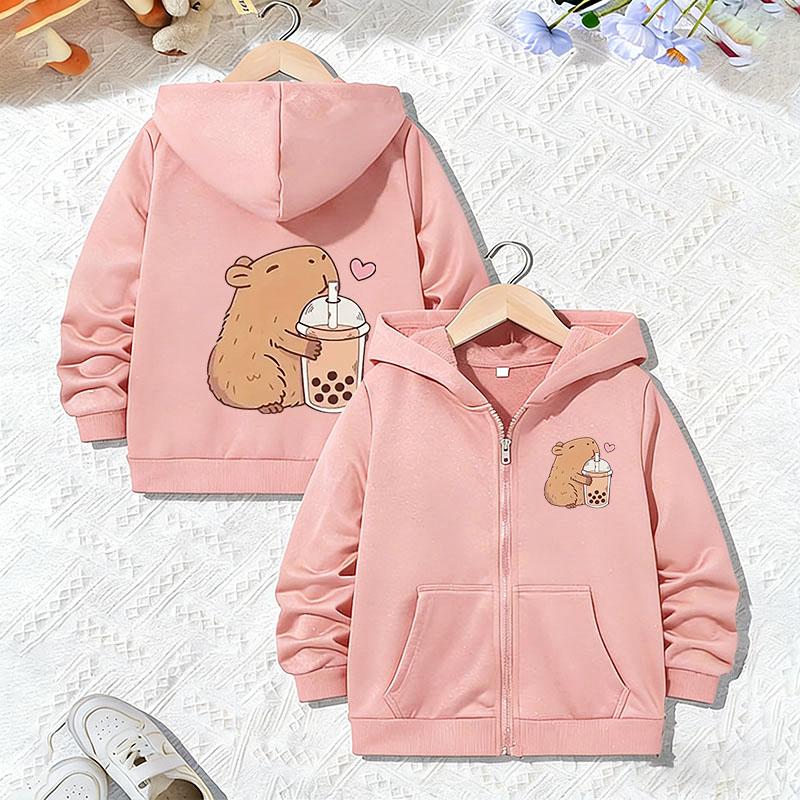Casual Hoodie Capybara Lovely Design Jacket for Boys Girls Zipper Spring and Autumn Trendy Animal Cartoon Sweatshirts Zip Up