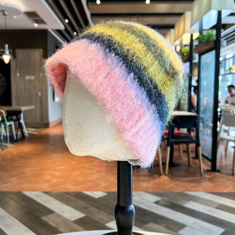 Neue Dopamin-Farbige Plüschmütze für Damen im Herbst und Winter Verdickte Warme Fischerhut Ohrenschutz Gestrickte Wollmütze