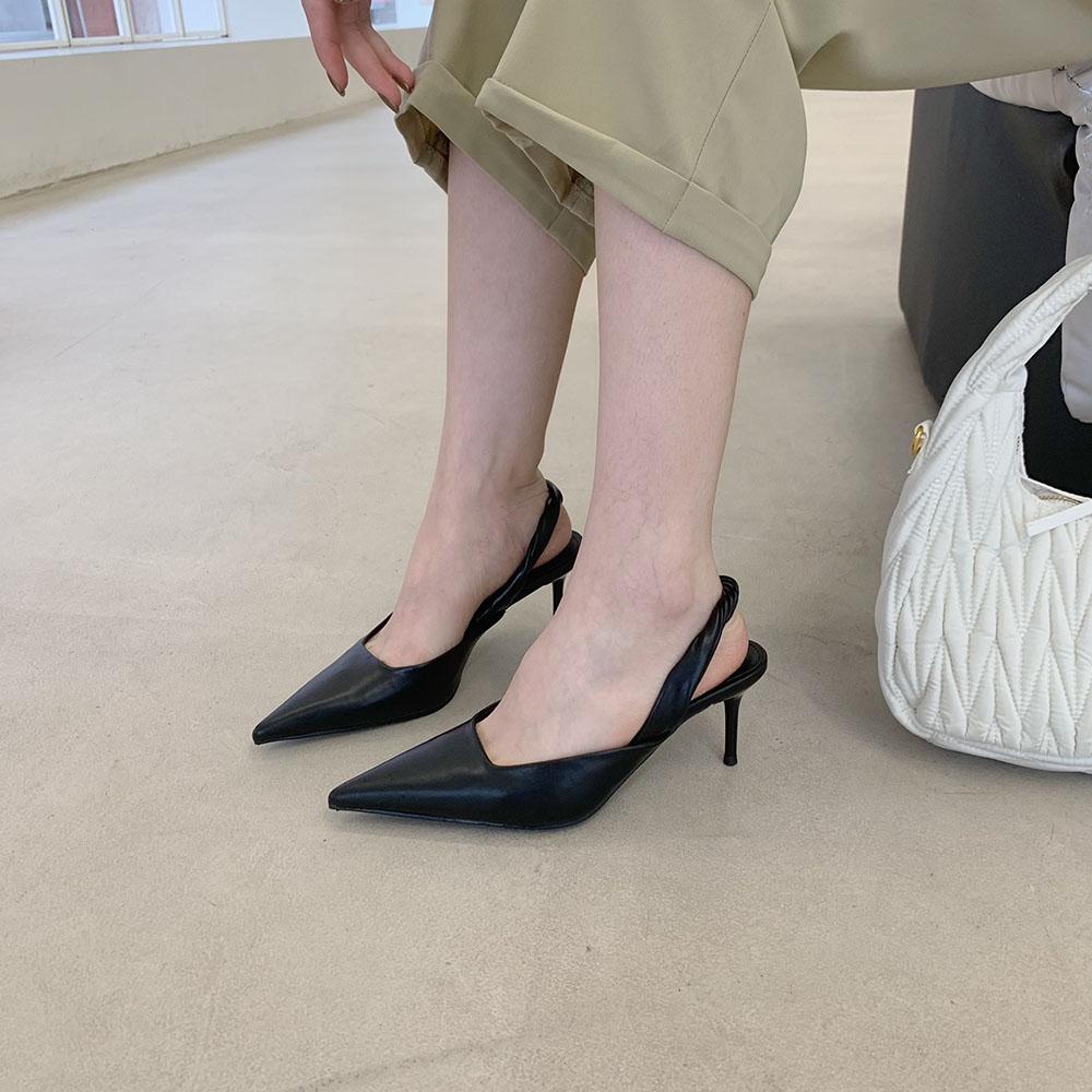 fashion Pointed Toe Women Sandals Black Orange 2024 New Arrivals Party Pumps Thin High Heels Elastic Back Strap Wedding Dress Sandals