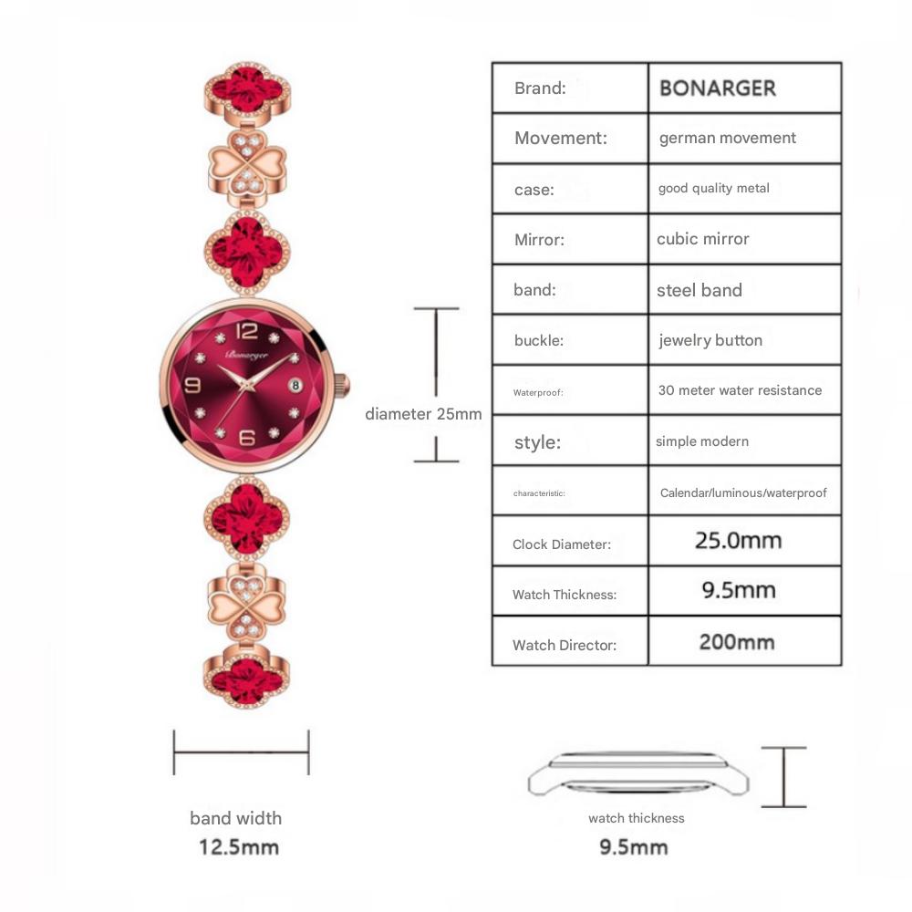 Bonarger Women's Clover Diamond Bracelet Quartz Movement Luminous Waterproof Calendar Watch B3590L (4 Color)