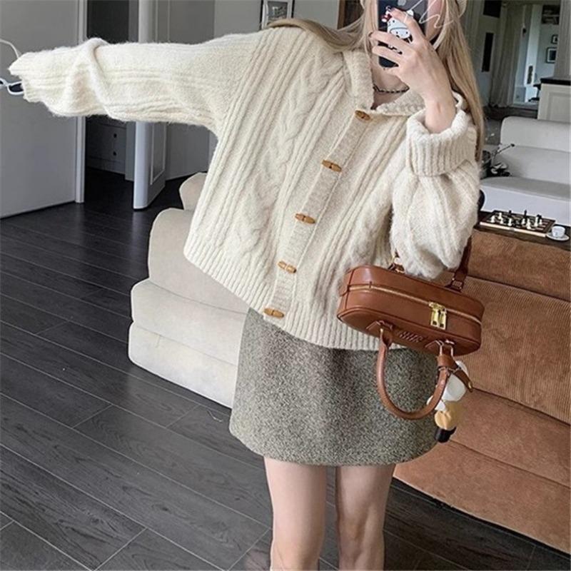 Retro twist hooded knitted cardigan top women's autumn and winter new loose lazy style solid color sweater jacket