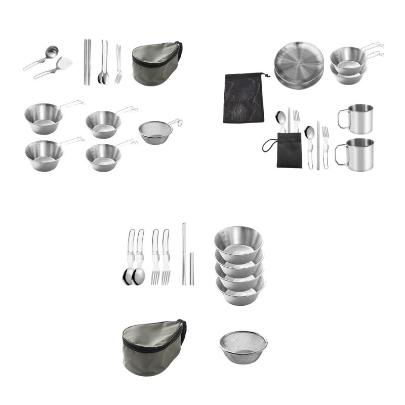 Stainless Steels Camp Dinnerware Camping Cutlery Set Outdoor Cooking Tableware Utensils with Spoon, Fork and Bowls