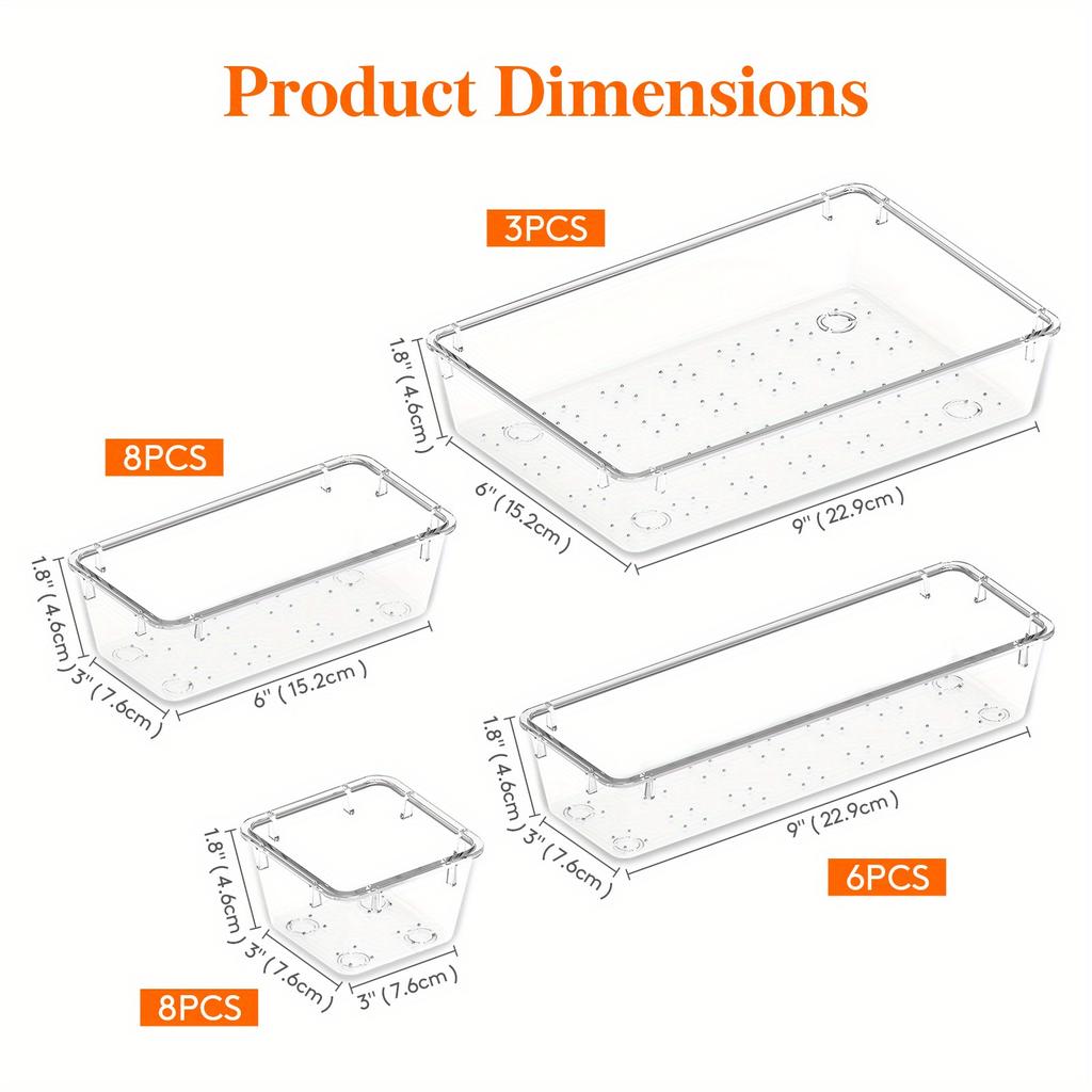 [Clear Plastic | Organizer] 25pcs Clear Plastic Drawer Organizer 4 Sizes Vanity Drawer Dividers Storage Separation Bins for Make Up Kitchen Utensils