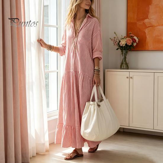 Comfortable Summer Dress Women Striped Long Sleeve Dress, V-Neck Collar Maxi Shirt Elegant for Autumn, Breathable Loose Fit Casual Retro