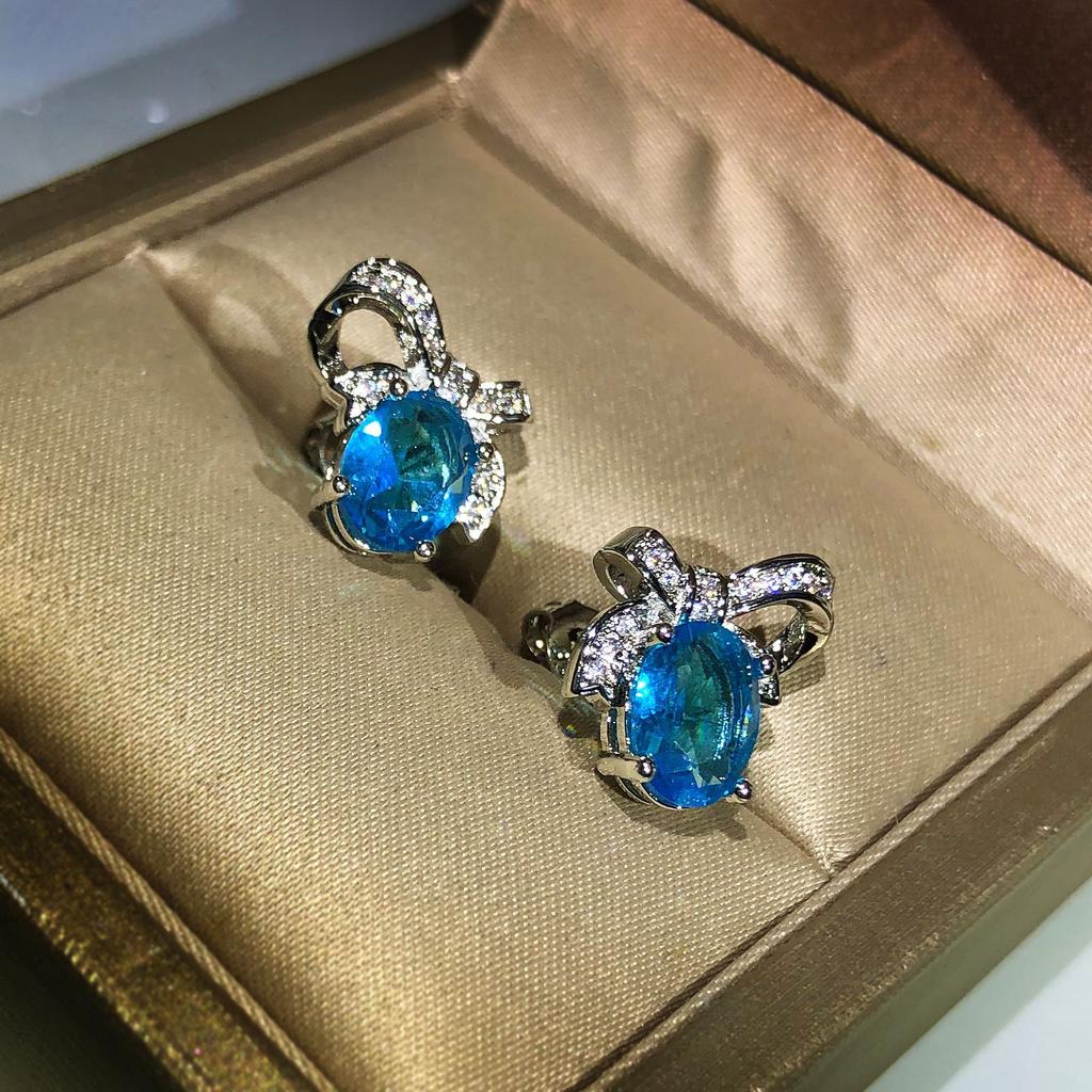 Newest  Silver Inlaid Earrings Female Natural Blue Topaz Bow Earrings For Ladies Birthday Wedding Party Jewelry Gifts