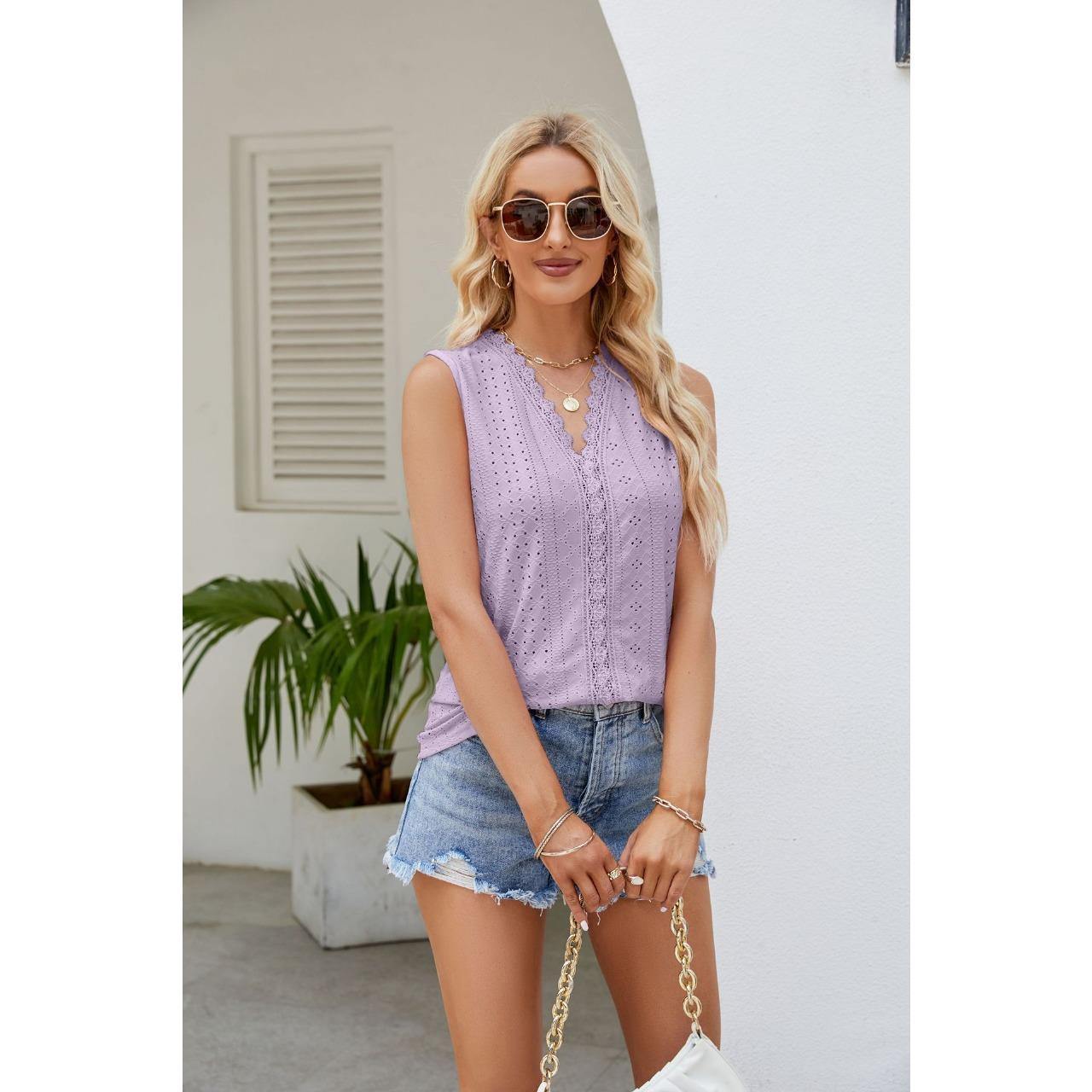 

GMXIA Summer Women s T-shirt Hollowed Out V-neck Sleeveless Patchwork Vest XL фиолетовый