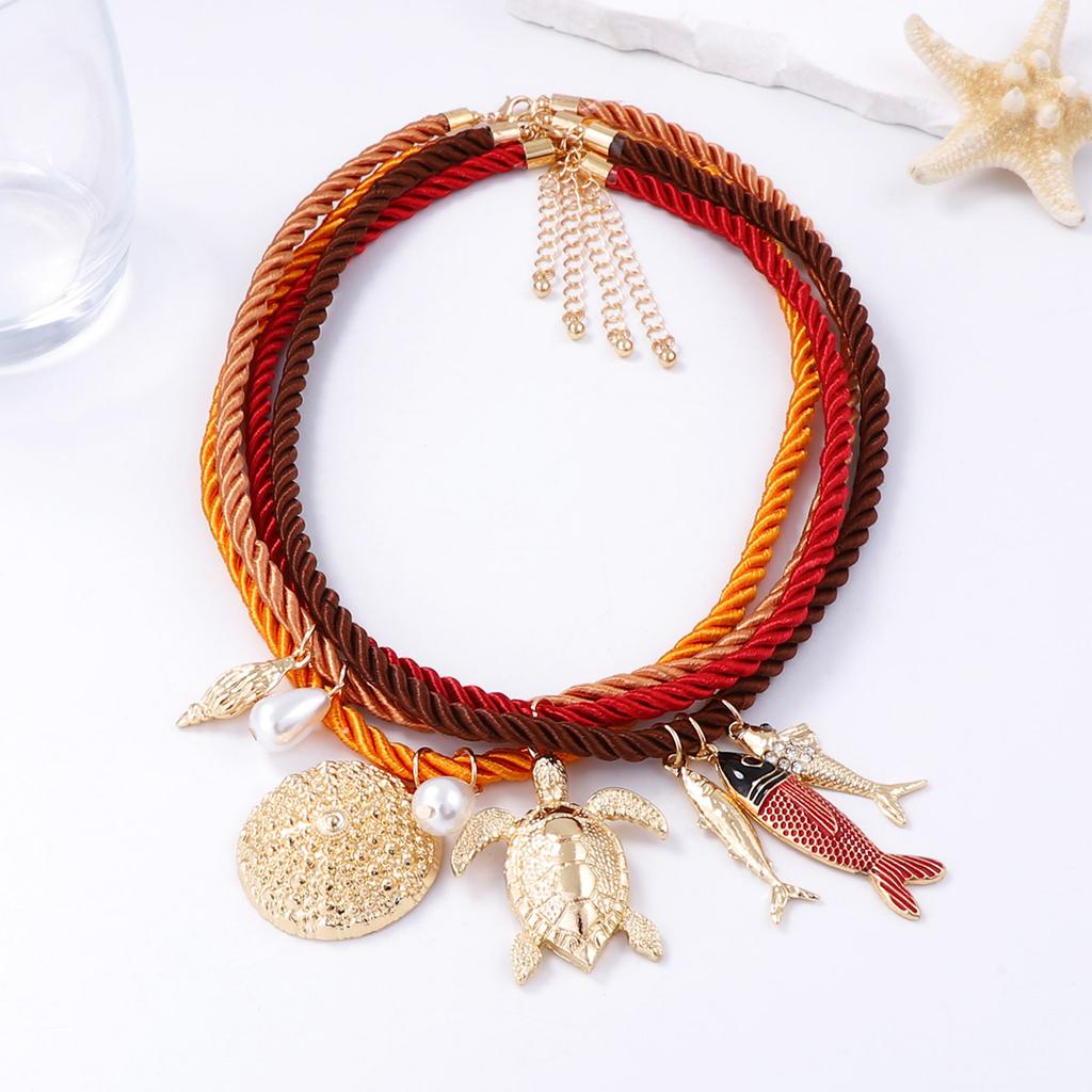 Collana con Corda Colorata Intrecciata a Mano e Ciondolo Animale Marino in Lega, Tendenza Personale Vento Estivo Oceano