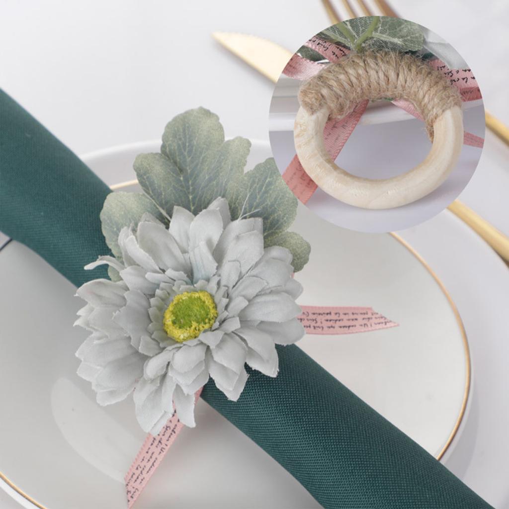 Napkin Ring Holder Artificial 3D Flower Buckle Dining Table Decoration 4.6cm Dia Loop with Hemp Rope 9.5x8x7cm Pink