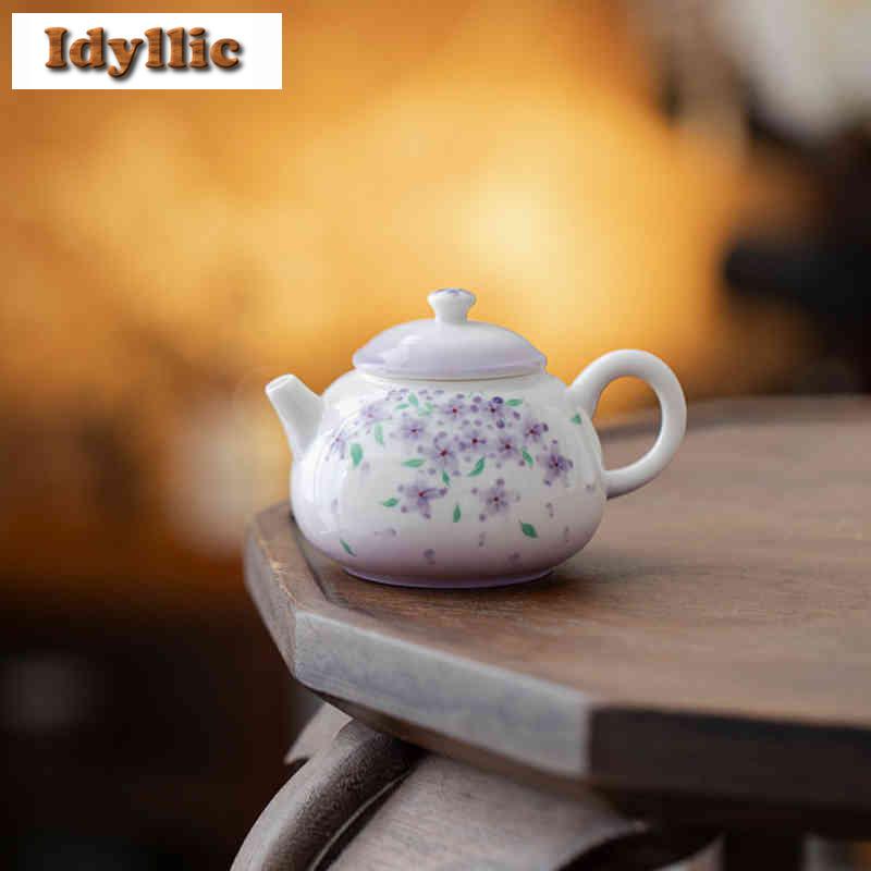 100ml Jade Mud Hand-painted Purple Flower Teapot Aesthetic Tea Infuser Pot Tea Maker Kettle With Ball Hole Teaset Decoration