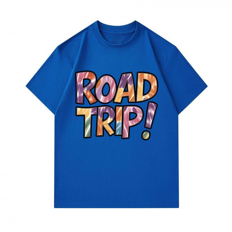 Men's 100% Cotton Crew Neck Short Sleeve T-Shirt, Fun Road Trip! Slogan Print Casual Summer Tee, Comfortable Breathable Daily Wear Top for Travel Holi