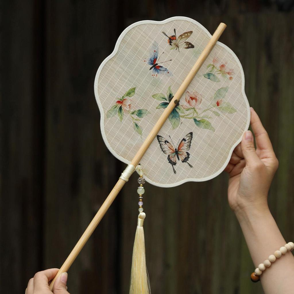 Ancient Style Portable Round Fan - Rollable with Bamboo Strips, Intangible Heritage, Perfect for Hanfu Costume, Cooling Summer Accessory.