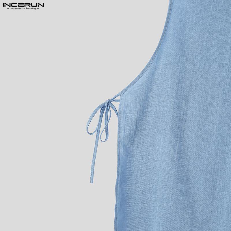 INCERUN Men V Neck Sleeveless Side Lace-up Thin Casual Loose Long Tank Tops