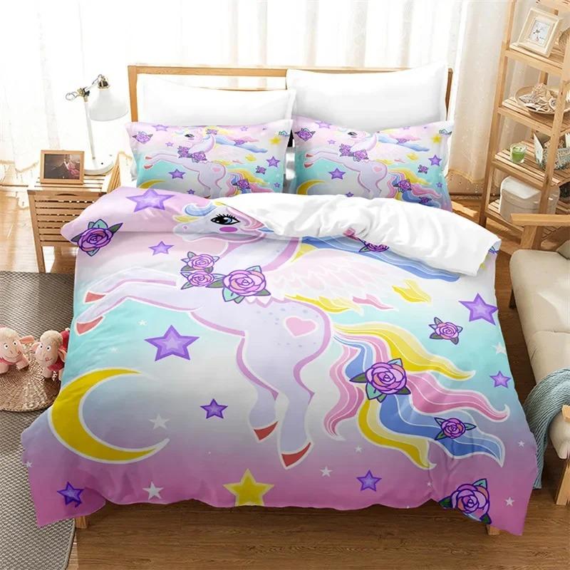 Cartoon Unicorn Duvet Cover Floral Bedding Set Microfiber Flying Horse Comforter Cover Full Queen For Boys Girls Bedroom Decor