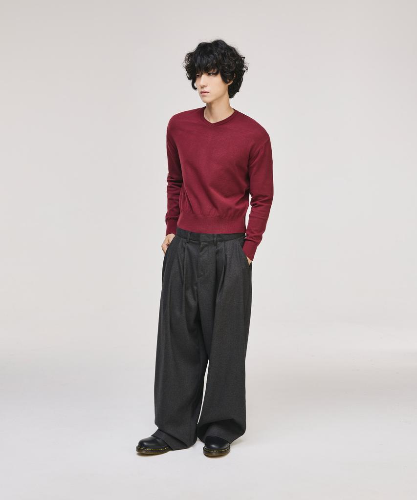 SIGNATURE Crop V-Neck Knit [Wine]