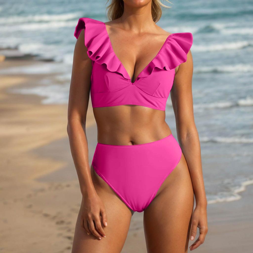 Women's Ruffled V-Neck Bikini Set High Waist Two-Piece Swimsuit with Shoulder Straps, , Sizes S-XL