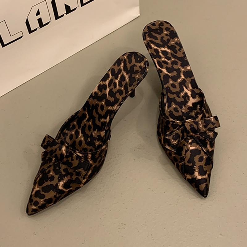 Leopard Pointed Toe Women Slippers Summer High Heels Mules Shoes Dress Pumps Woman Sandals 2025 Slingback Mujer Zapatos