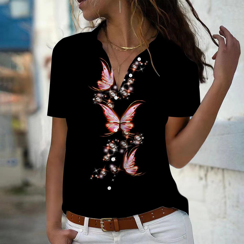 2025 Summer New Fashion Women's Butterfly Printed Short Sleeve V-neck Casual Button-down Shirt Top