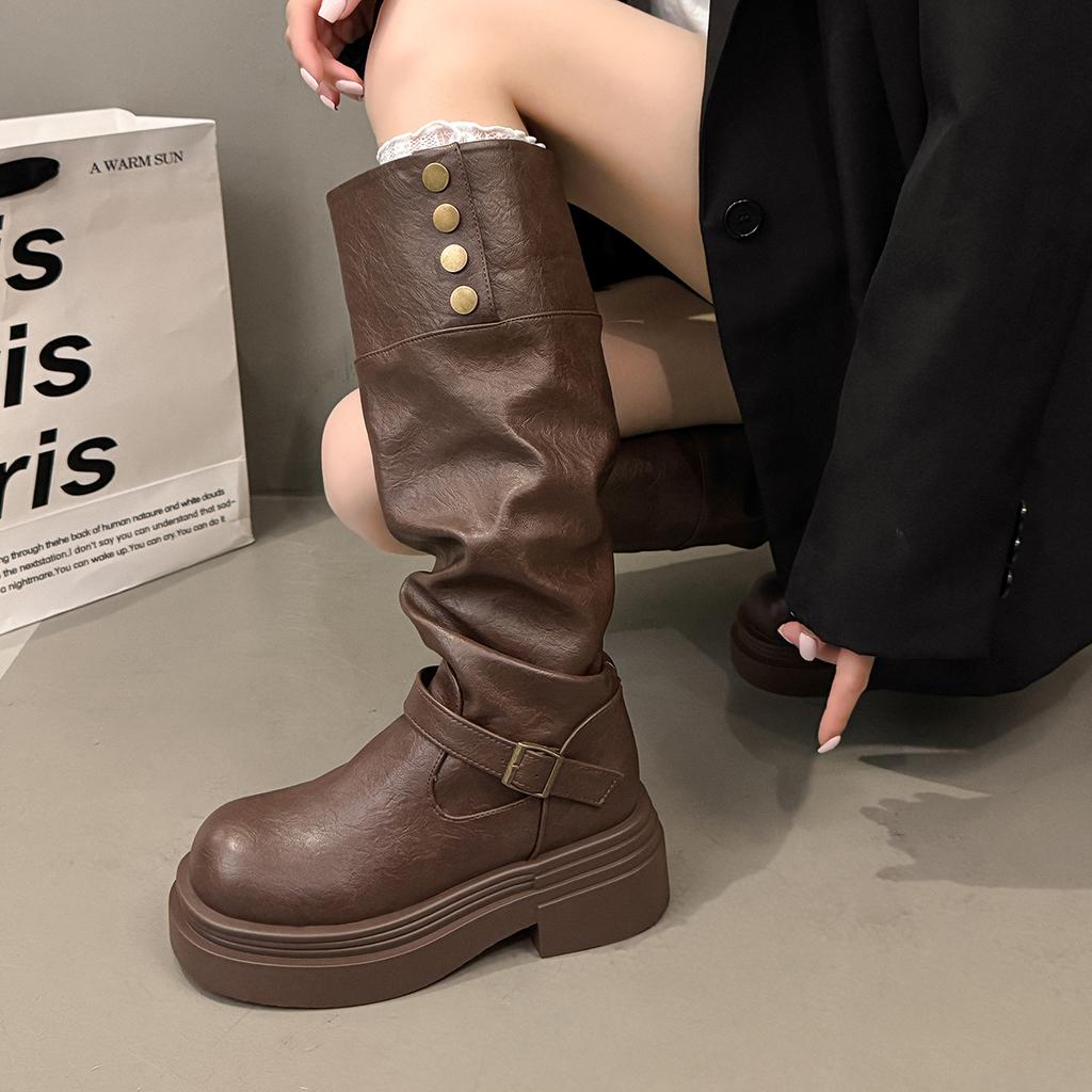 New Style Vintage Women Knight Knee High Boots Elegant Belt Buckle Shoes Concise Platform Heel Long Boots Zapatos De Mujer