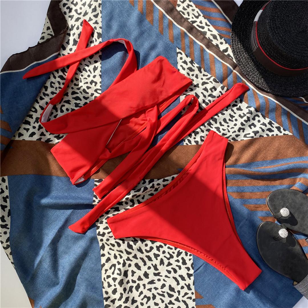 

мода обертывание вокруг бандаж вырез бикини женский купальник женский купальник из двух частей бикини комплект халтер купальный костюм купальный костюм плавание S красный