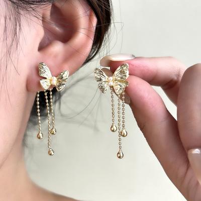 Metal Wind Pearl Bow Fringed Stud Earrings Cold Personality Earrings Light Luxury High Fashion Earrings