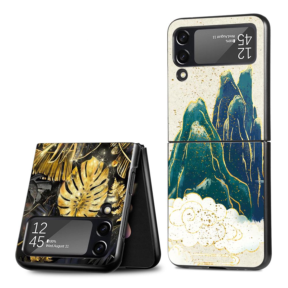 Ginkgo Biloba L. Flower Luxury Gold Foil Art Case for Samsung Galaxy Z Flip3 5G Flip4 Black Hard Phone Cover Flip 3 Shell Zflip3