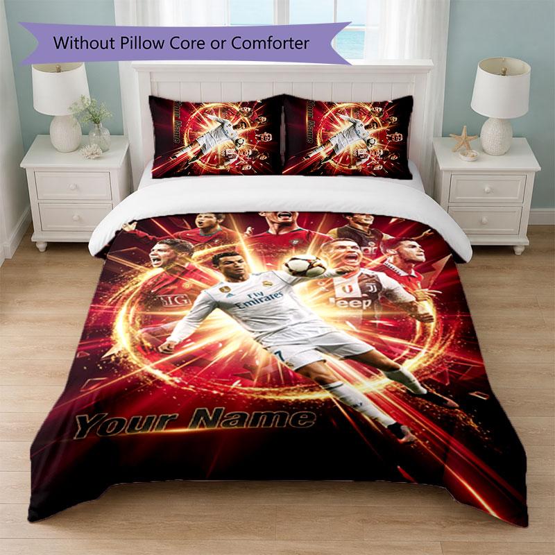 Set Biancheria da Letto Personalizzato Cristiano Ronaldo con Nome Testo 1 Copripiumino+2 Federe Logo Calcio Regalo Personalizzato per Occasione Speciale Arredamento Camera da Letto