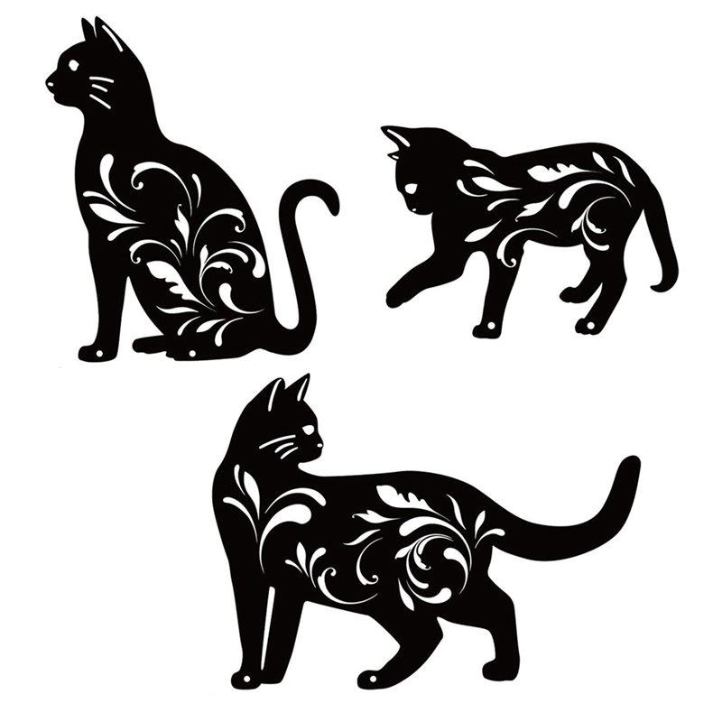 B97A-Garden Outdoor Animal Stakes 3 Pack Metal Cat Garden Statues Cats Decorative Stakes Cat Silhouette