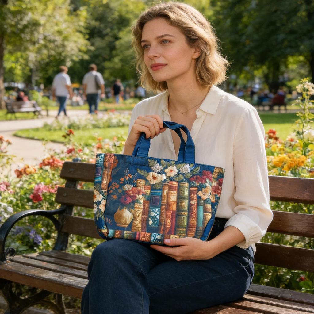 Quilted Tote Bag Book Floral Design Purse Vintage Shoulder Bag for Women for Teacher Students School College Work Travel Gym