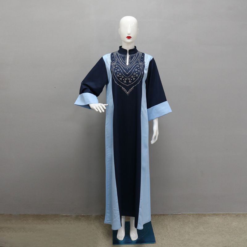 

Dubai Indonesia Amazon Middle East Women s Clothing Patchwork Contrast Color Stand-up Collar Rhinestone Robe Gown Dress Dress Tibetan Blue XXL