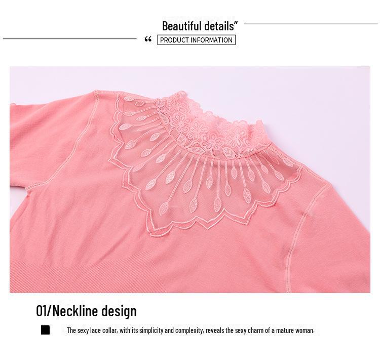 Han Jiemei Women's Thermal Underwear Set with Lace and Medium High Collar - Plus Velvet, Thickened for Autumn