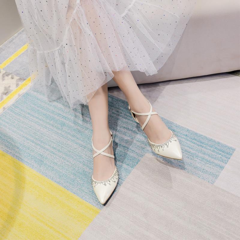 Fashion Women White Princess High Heels Pointed Toe Chunky Heel Cross Strap Lace Up Wedding Shoes Hollow Out Design Large Size
