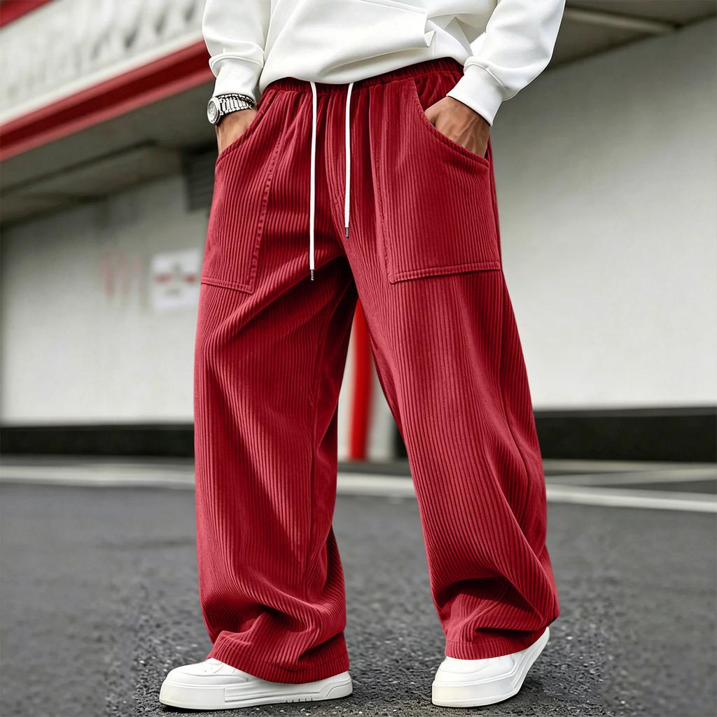 Men's Corduroy Pants Loose Fit Straight Leg with Elastic Waist for Casual Everyday Wear